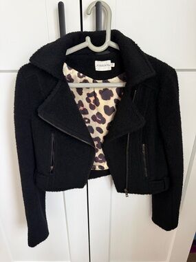foxiedox Black Bouclé Moto Jacket with Leopard-Print Lining